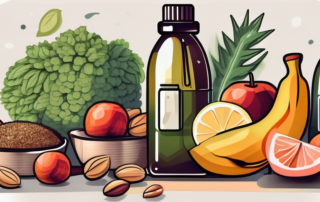 A bottle of hemp oil surrounded by various healthy foods like fruits