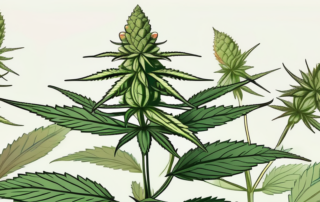 A cannabis plant with a focus on its buds and leaves