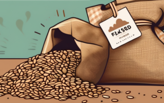A variety of high-quality flaxseeds spilling out of a burlap sack with a price tag attached