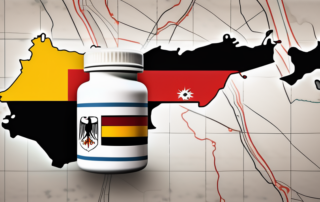 A symbolic scale balancing a pill bottle and a german flag
