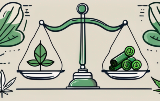 A balanced scale with a cannabis leaf on one side and various symbols of benefits (such as a medical cross