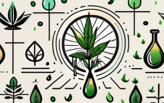 A hemp plant with a droplet of oil dripping from it