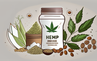 A hemp plant with its seeds transforming into a protein powder container