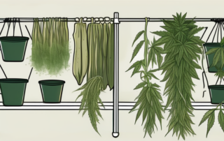 Several hemp plants being dried in various methods such as hanging upside down