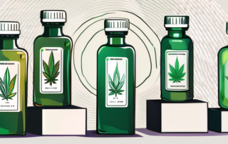 Five different cbd oil bottles placed on a pedestal