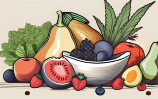 A scoop of bio-hemp protein surrounded by various organic fruits and vegetables