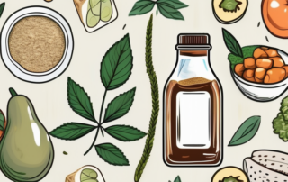 A bottle of hemp oil surrounded by various healthy foods and a tape measure