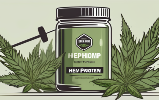 A scoop of hemp protein powder surrounded by hemp plants and a barbell