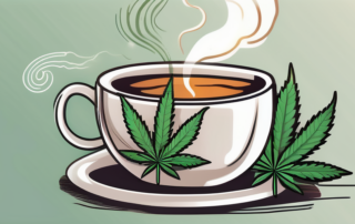 A steaming cup of hemp tea with hemp leaves floating on top