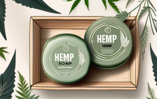 Several different types of hemp soaps arranged on a natural wooden table