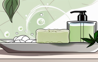 A bar of hemp soap surrounded by hemp leaves