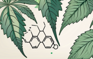 The chemical structure of tetrahydrocannabinol (thc) with a cannabis leaf in the background