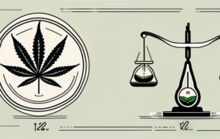 A scale balancing a cannabis leaf on one side and a weight symbol on the other side