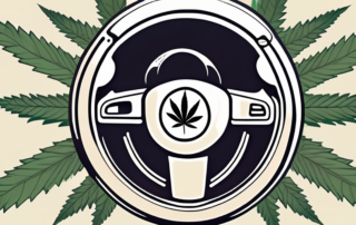 A car's steering wheel with a marijuana leaf in the background