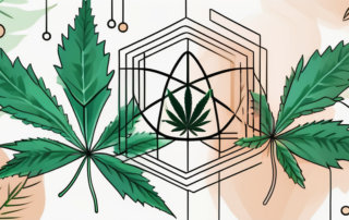 A cbd molecule structure surrounded by various cannabis leaves