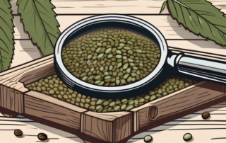 Various types of cannabis seeds spread out on a natural wooden table