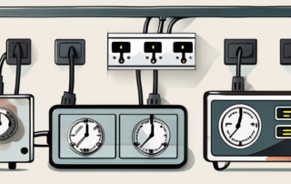 Several different usb timers plugged into a power strip