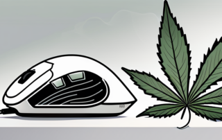 A computer mouse connected to a cannabis leaf