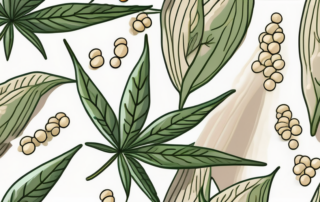 A close-up of skin texture with hemp seeds and hemp leaves scattered around