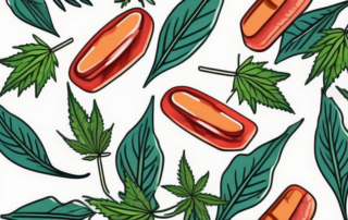 A variety of colorful hemp chewing gums scattered on a leafy cannabis plant background