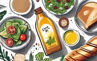 A bottle of linseed oil surrounded by various foods like salads and bread