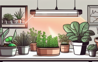 An indoor gardening setup with various types of grow lights shining on different plants
