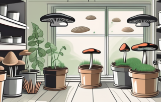 Several mushroom grow kits in different stages of growth