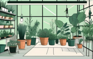 An indoor garden room filled with lush green plants under specialized grow lights