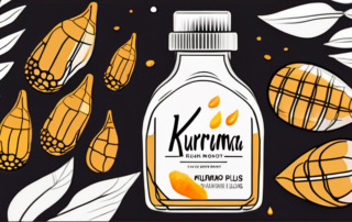 A bottle of kurkuma plus drops surrounded by turmeric roots and leaves