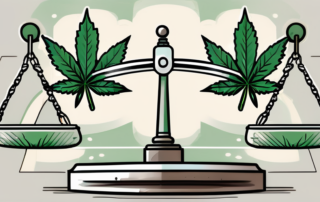 A cannabis leaf balanced on a scale of justice