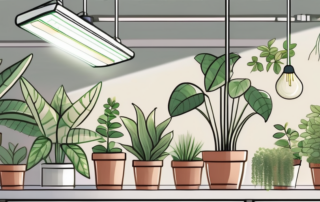 A high-quality plant grow light hanging above a variety of thriving indoor plants
