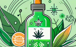 A cbd oil bottle surrounded by various allergy symbols like a sneezing nose