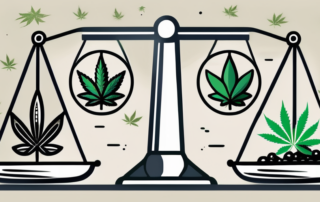 A balanced scale with cannabis leaves on one side and potential risks symbols