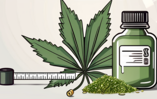 A cbd oil dropper bottle next to a measuring tape