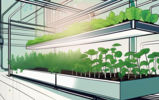 A hydroponic system with various types of plants growing in it