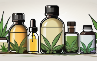 A variety of hemp plants with a dropper bottle of full-spectrum oil