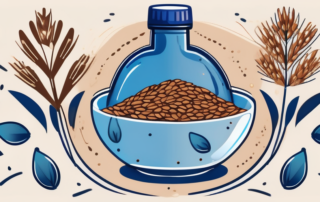 A bottle of linseed oil and a bowl of flaxseeds