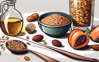 A measuring spoon pouring linseed oil into a glass