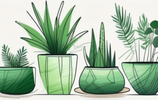 Several different styled green fabric pots placed in a natural setting