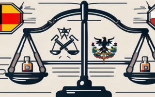 A symbolic balance scale where one side is weighted with various drug symbols and the other side has a german flag
