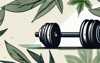 A scoop of hemp protein powder surrounded by hemp leaves and a dumbbell