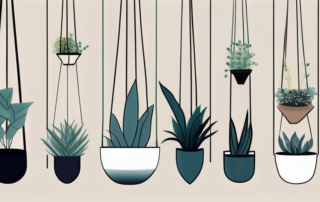 A variety of hanging pots with different plants in them