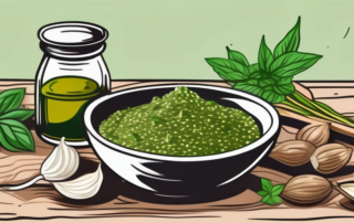 A rustic kitchen setting with a bowl of vibrant green hemp pesto