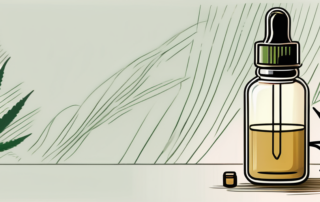 A cbd oil dropper bottle with a hemp plant in the background
