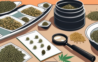 Various types of cannabis seeds scattered on a table with price tags