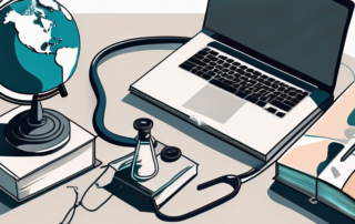 A professional desk setup with a stethoscope