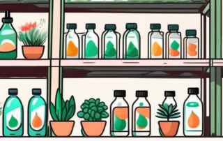 Various types of liquid fertilizers in gardening bottles