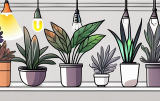 Several types of grow lamps emitting different colors of light over a variety of indoor plants