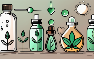 A cbd oil bottle surrounded by various symbols of health like a heart