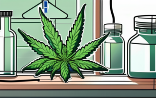 A cannabis plant in a medical lab setting with a stethoscope and prescription bottle nearby